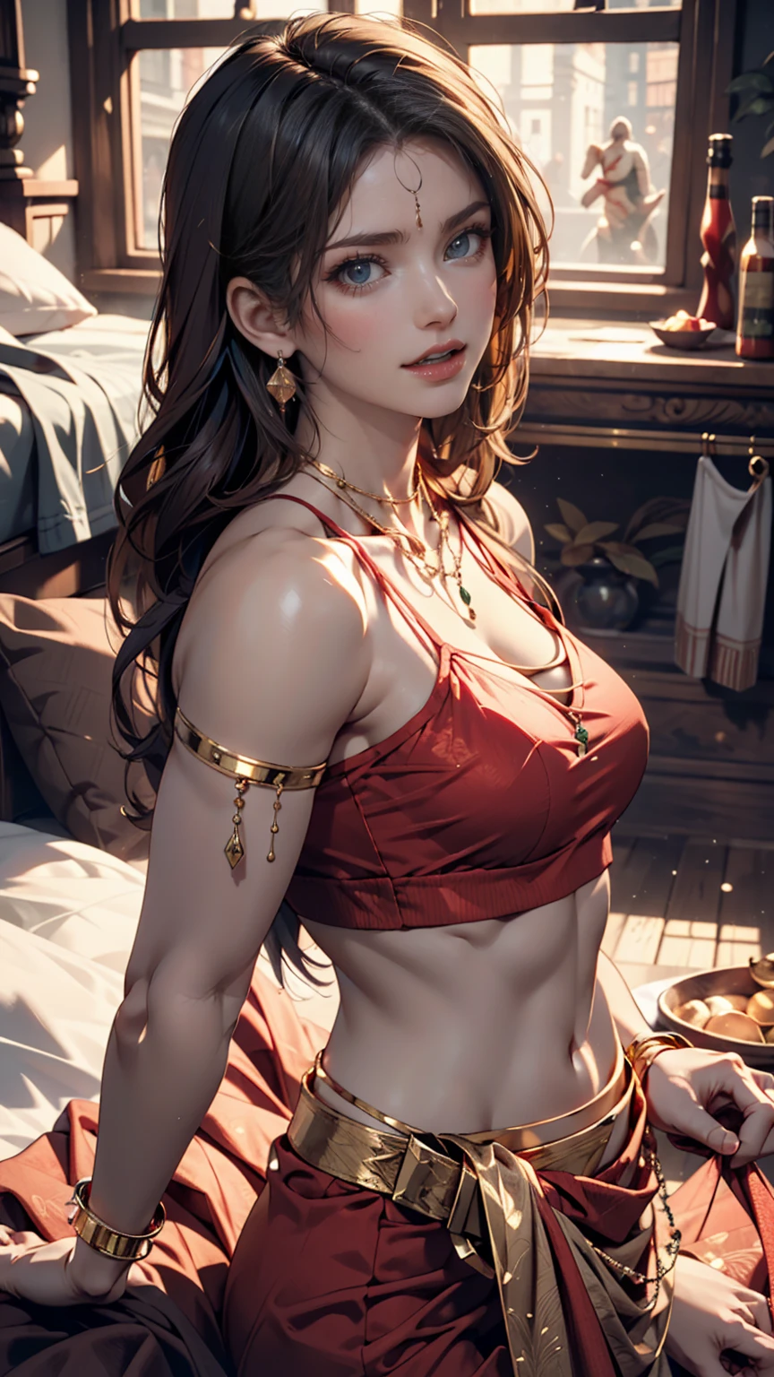 (Highest quality、detail、masterpiece、Official Art、4K)、(NSFW)、masterpiece、Highest quality、Highest quality、(Very colorful)、(Realism: 1.2)、(Photorealistic: 1.2)、(Sharp Focus)、1 female、(Accurate anatomy)、(Beautiful woman)、Alluring Gypsy Girl、sexlyダンスを踊っている、(Long, flowing, translucent robes)、(sexly衣装)、Cowboy Shot、Slim figure、sexly、Alluring、eros、Stunningly beautiful face、Large, even eyes、Perfect Makeup、(Bright smile)、Tall Ponytail、A well-balanced body type with 7 heads、Small Head、Perfect proportions、Beautiful curves of a mature woman、Beautiful ample breasts、teardrop-shaped chest、Narrow waist、navel、wide hips、sexly太もも、(Graceful Dance Posture:1.3)、(Change the pose:1.3)、(Dynamic angles that bring out the speed and power of the dance:1.3)、hair ornaments、necklace、Earrings、brooch、ring、Fancy ornaments、The background is an old Western castle、Shallow depth of field、far and near method、