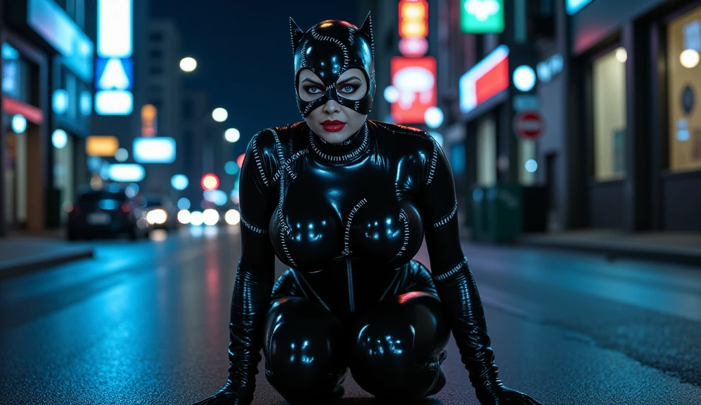 oman costume),catwoman2, (black hair),animal ears,boots,choker,cat ears, collar bell, (black latex bodysuit) ,goggles, neck bell black,(4nn3h-v2), (large breasts), (cleavage),(green eyes), (brown hair), (red lipstick), (eye mask), (newyork street alley), (night time), (at night), (neon signs), (flash photography),