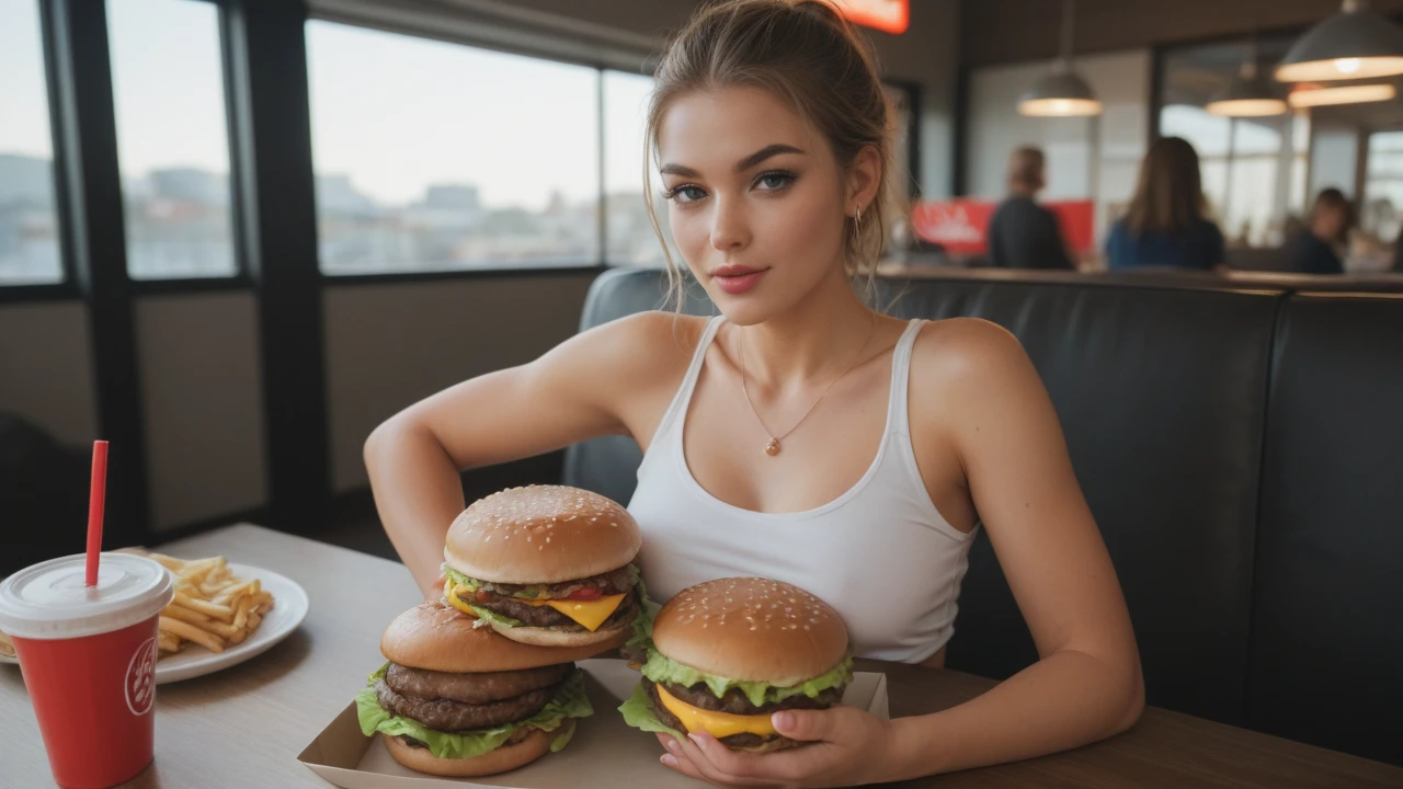a Beige skinned, tall woman,triangle body shaped,makeup face,small and thin almond eyes, Slightly Sliconed Lips,Slim Face,Botoxed face,blonde ponytailhaired,blonde thin eyebrowed,up turned nosed, wearing a tight bra and high waisted tight jean,Chowing Down Dozen of fast food in home,sit on the ground,detailed face and body, highly detailed, photorealistic, masterpiece, octane render, 8k, sharp focus, intricate details, realistic skin texture,