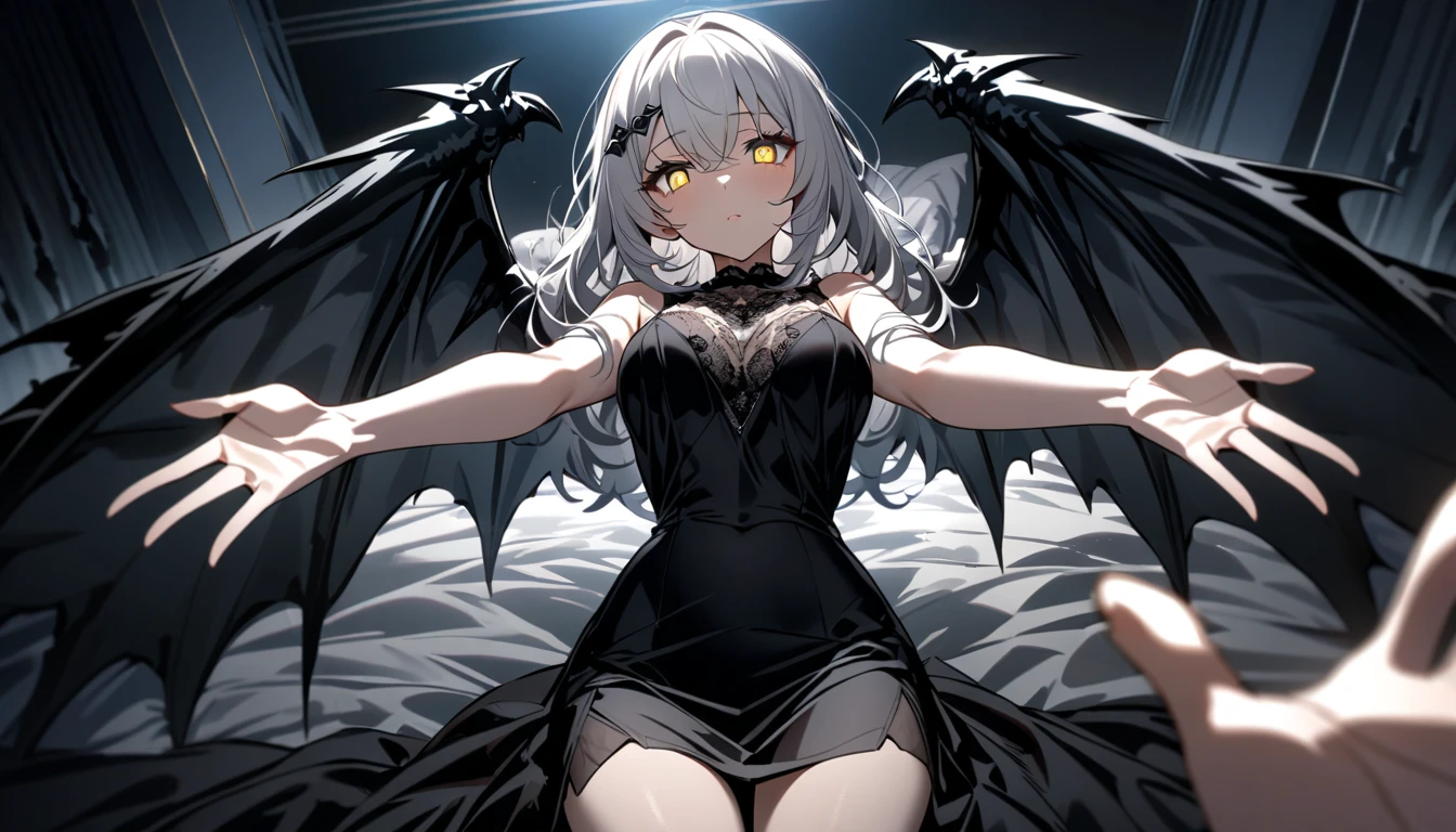 A woman, flowing white hair, melancholy eyes, yellow pupils, black diamond-shaped hairpin, tattered black dragon wings sprouting from her back, moonlight, arms up, incoming hug, pov, reaching, reaching towards viewer, looking at viewer, cowboy shot, dutch angle, lying down, a big fluffy and soft black silk bed, Huge silk black duvet, big tits,