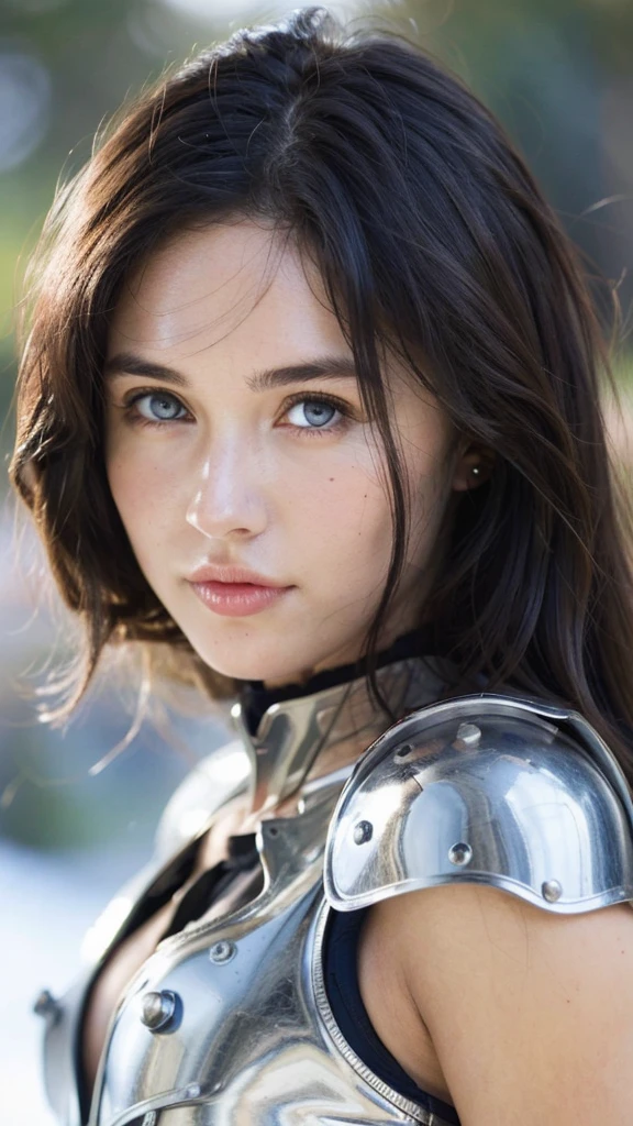  high resolution, pale skin, freckled, brunette ,1teen, with blue eyes, blushing cheeks, wavy hair, smiling, beautiful round breasts, fantasy warrior, sexy armor , photorealistic , 8K ,HDR