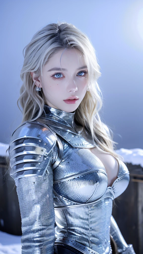 bestquality, detailed image, colourful、, Vivid colors, (solo、、、、、、、, Detailed Face, flawless lighting, perfect shadows, perfect eyes, girl focus, perfect hair, perfect faces, gorgeous body),  shiny body,Shiny big、Chest with presence、cleavage between breasts、Light wavy white blonde hair、Medieval knight、（Westerners）Silver armor with gorgeous decorations、underboob、helmet、sword、Great sword、Inside an old castle with cobblestones at midnight、NIGHT、Glossy skin、cloak、Dynamic Pose、Dynamic Actions、Too beautiful goddess of battle、necklace、Earring、blur the background、Shorthair、All over body、