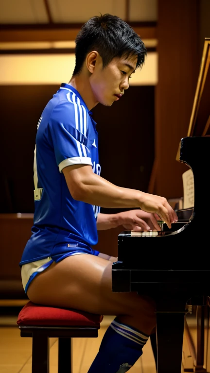 an 18 year old man. with an athletic and well-defined body, 1.82 m tall, wavy brown hair, green eyes, naked with a prominent penis. Lying on stage holding a microphone in his hand