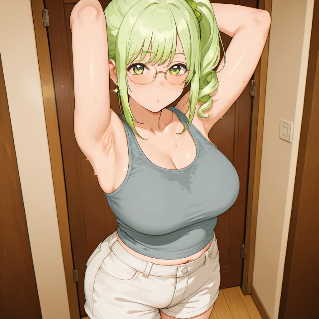 (Masterpiece), Best Quality, ultra-detailed, 1girl ( anosillus II, Slender and sexy body, Big and pretty breasts, naked body, dark green hair, brown eyes), a surprised face, open mouth, solo, nose blush, blush, facing viewer, looking at viewer, yellow sweater jacket, green t-shirts, cleavage, navel, brown shorts, in the house, standing, Open the door, Sexy waist teasing