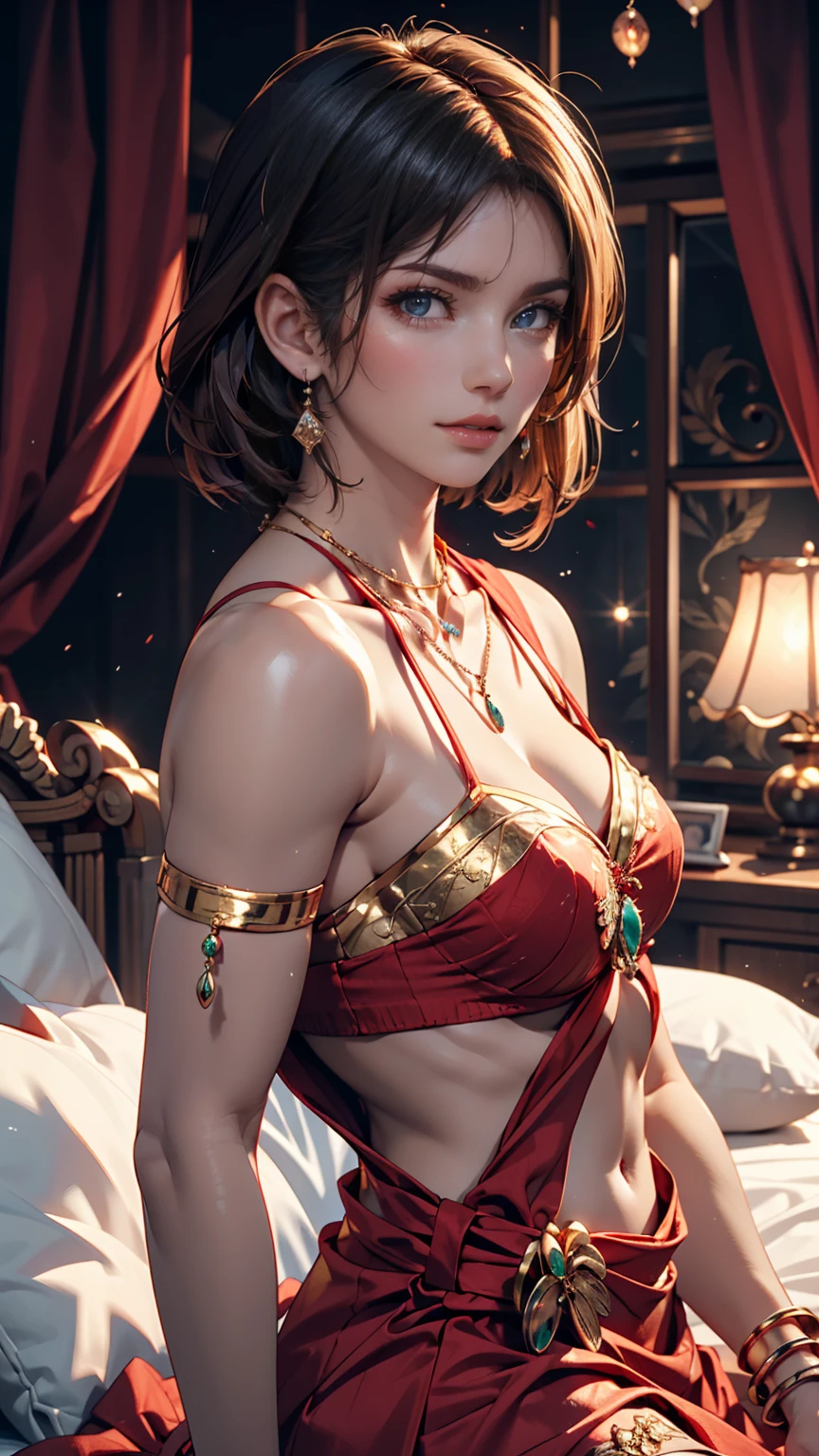 Arabian woman wearing a sari and a necklace, Complex set, Jeweled, Wearing something complicated, Elaborate jewellery, with Intricate details, Complicated costumes, Wearing elegant jewelry, Intricate details. from the front, Black Jewelry, Elaborate jewelry, high Intricate details, Hand Jewelry Model Photos, Close-up portrait, Complex beauty, Exquisite Jewelry, side view Intricate details