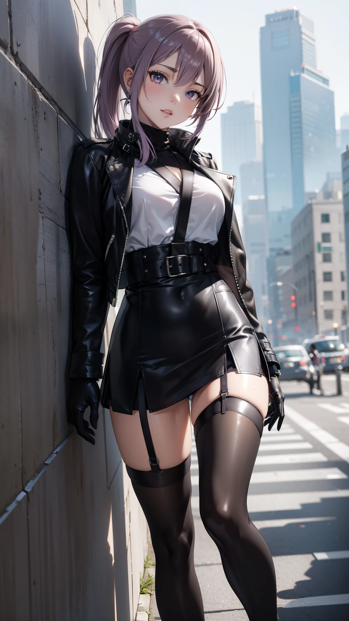 (masterpiece, best quality, Detailed), a chic, Alone, of foot, ((VIEW FROM THE FRONT)), (( girl against the wall)), ojos Detaileds, purple eyes shirt, Lavender hair short ponytail, Love, medium breasts, sensual lips, ((harness on the torso)), ((black leather jacket)), (black gloves, ((short school miniskirt)), ( brown stockings), CYBERPUNK STYLE, ((at night))