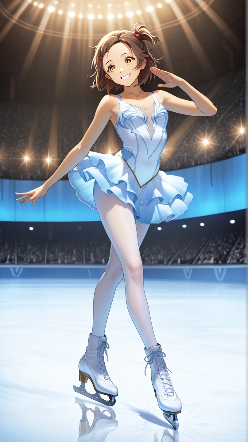 Yuitsuka Inori, the main character of the anime "Medalist", brown hair, short hair, yellow eyes, girl, white figure skating costume, gold lines, white tights, translucent white figure skates, smiling face, striking a cool pose, futuristic figure skating rink, cinematic lighting, blue translucent lighting in the venue, shining neuron pathways, sophisticated lighting,