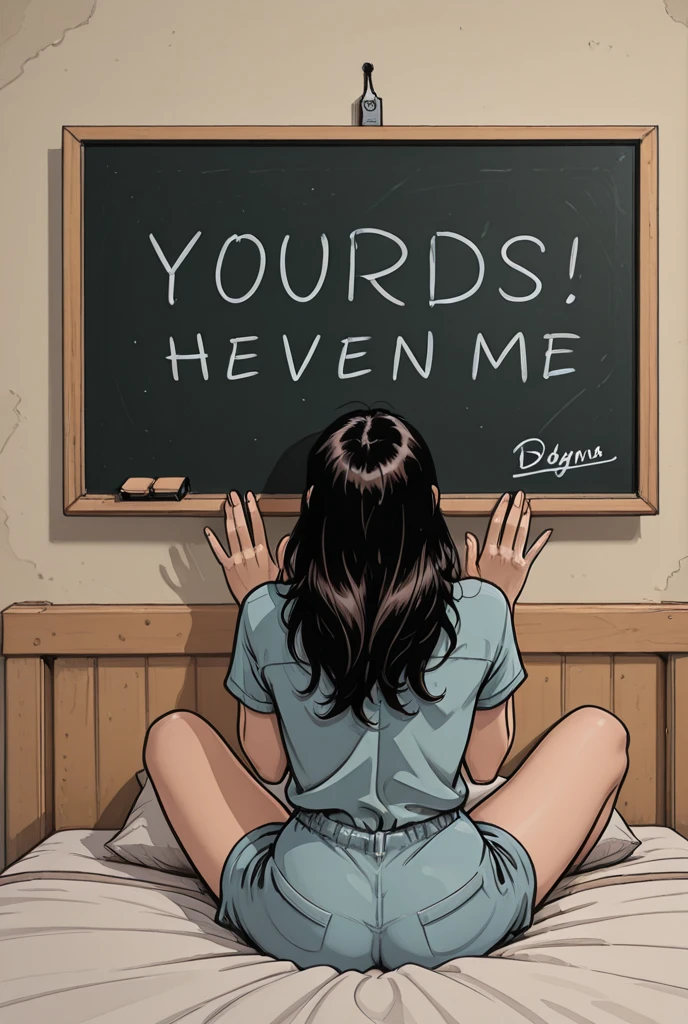 a naked anime woman, from behind, "you failed" written on buttocks, bending down, reading phone, in a bedroom, unaware of viewer, buttocks facing viewer, not looking at viewer, no clothing, blonde