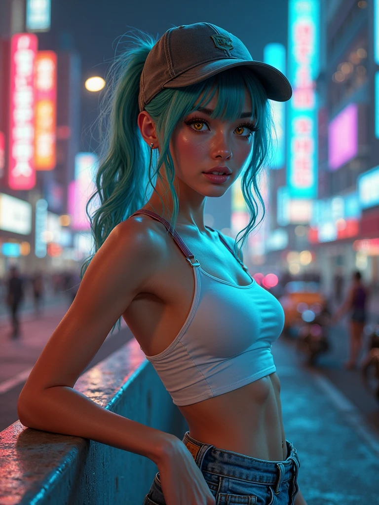 Highly detailed 4k realistic photo ((whole body, including legs)) of the beautiful 18-year-old turquoise-haired Anglo-Saxon girl with sweaty turquoise hair with ((pointed jaw)) and perky breasts, in wet underwear with a wet and transparent bra with a deep neckline, evening, beautifully drawn hands, (cyberpunk: 1.2), neon lights, ramen shot, neon signs