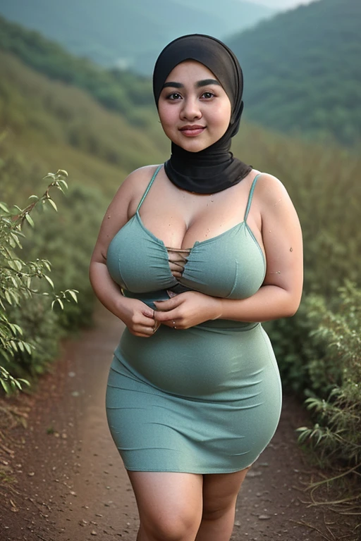 Arabic Woman in rice field, curvy body, very detail ,wide hips, loong legs ,thick high, full body in camera, wearing strap wedges, wearing mini sweater dress, long legs,