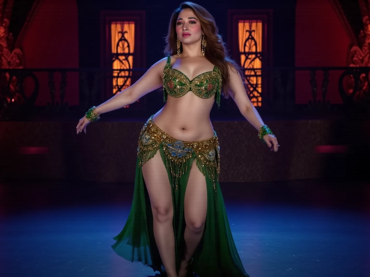 perfect face beautiful (arab:1.5) doctor in lace bra and saree wlop perfect full HDR body exposed midriff highleg loli (flat chest) curvy indian (armpits:1.4) bellydancer 8k chubby high res knees ankles , (plump:1.2) , cleavage (shiny skin:1.2) (full body shot:1.5) (high heels:1.5) lace bra dancing for men thong (sahara:1.4) (green theme:1.3)