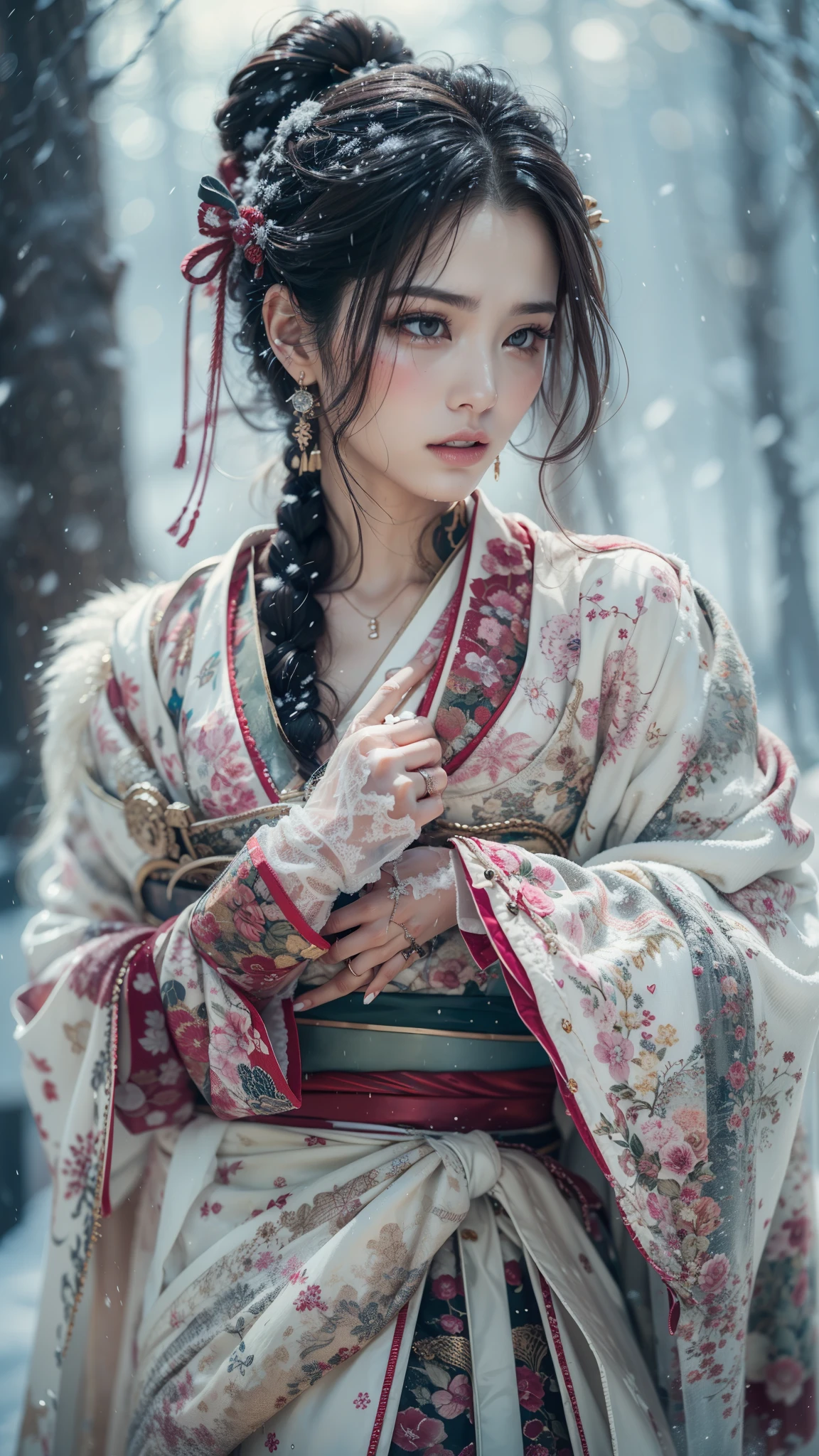 (32K, BEST QUALITY, masterpiece, photorealistic, Ultra High Resolution), ((winter, Powder Snow, large dead tree)), blur background, perfect and detailed skin and face textures:1.3, perfect dynamic composition:1.3, (Battlefield Nights in the Warring States Period:0.5, Expression of transience:1.4, crying:0.6, broken heart:1.0), slim samurai lady, perfect style, beautiful and aesthetic, natural makeup alone, fine eyebrows, white skin, (Professional samurai armor:0.9, Has a Japanese sword:0.9), (Extremely beautiful face:1.0, Beautiful erotic eyes:0.8, overly sensual:0.8, seductive:0.8), fantastic beauty, medium breasts, chest gap, earrings, wedding rings, wet body, wet hair, after rain, Water droplets on skin, Sadness, Elegant, Solemn, Spectacular, Supple, Luxurious