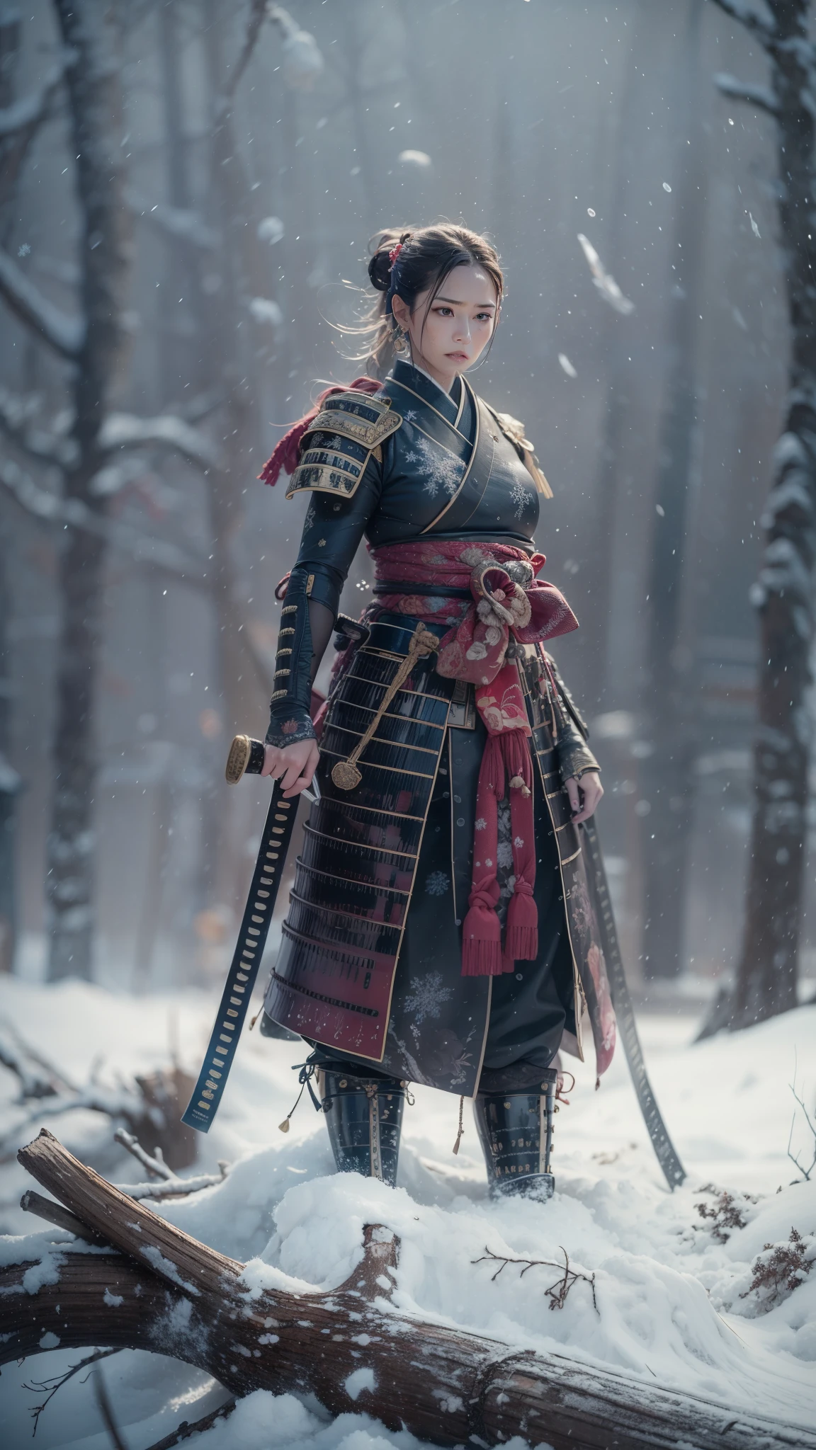 (32K, BEST QUALITY, masterpiece, photorealistic, Ultra High Resolution), ((winter, Powder Snow, large dead tree)), blur background, perfect and detailed skin and face textures:1.3, perfect dynamic composition:1.3, (Battlefield Nights in the Warring States Period:0.5, Expression of transience:1.4, crying:0.6, broken heart:1.0), slim samurai lady, perfect style, beautiful and aesthetic, natural makeup alone, fine eyebrows, white skin, (Professional samurai armor:0.9, Has a Japanese sword:0.9), (Extremely beautiful face:1.0, Beautiful erotic eyes:0.8, overly sensual:0.8, seductive:0.8), fantastic beauty, medium breasts,  chest gap, earrings, wedding rings, wet body, wet hair, after rain, Water droplets on skin, Sadness, Elegant, Solemn, Spectacular, Supple, Luxurious