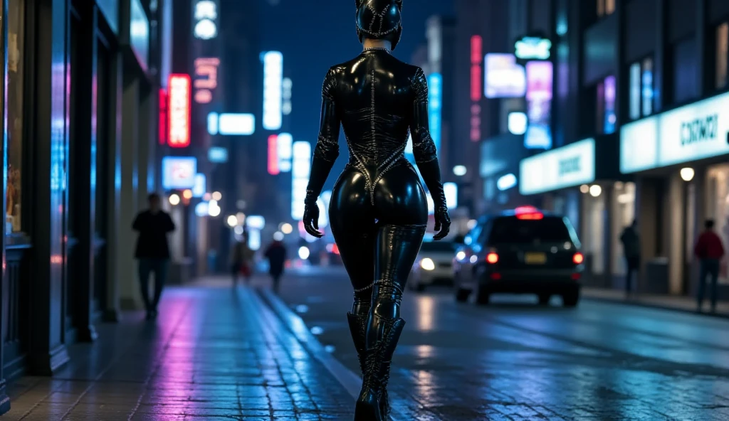 A fat woman in a black latex suit with enormous hips and rear, semi-futuristic, with a helmet covering her face and high heels.