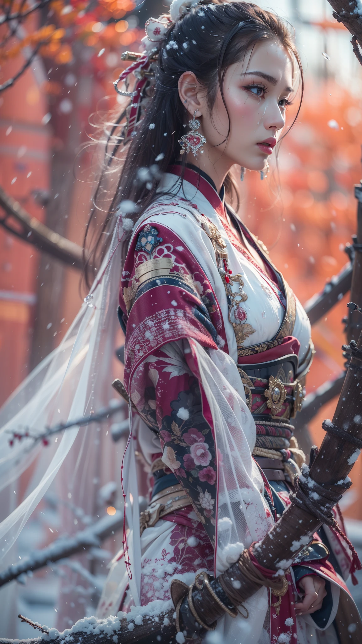 (32K, BEST QUALITY, masterpiece, photorealistic, Ultra High Resolution), ((winter, Powder Snow, large dead tree)), blur background, perfect and detailed skin and face textures:1.3, perfect dynamic composition:1.3, (Battlefield Nights in the Warring States Period:0.5, Expression of transience:1.4, crying:0.6, broken heart:1.0), slim samurai lady, perfect style, beautiful and aesthetic, natural makeup alone, fine eyebrows, white skin, (Professional samurai armor:0.9, Has a Japanese sword:0.9), (Extremely beautiful face:1.0, Beautiful erotic eyes:0.8, overly sensual:0.8, seductive:0.8), fantastic beauty, medium breasts, chest gap, earrings, wedding rings, wet body, wet hair, after rain, Water droplets on skin, Sadness, Elegant, Solemn, Spectacular, Supple, Luxurious