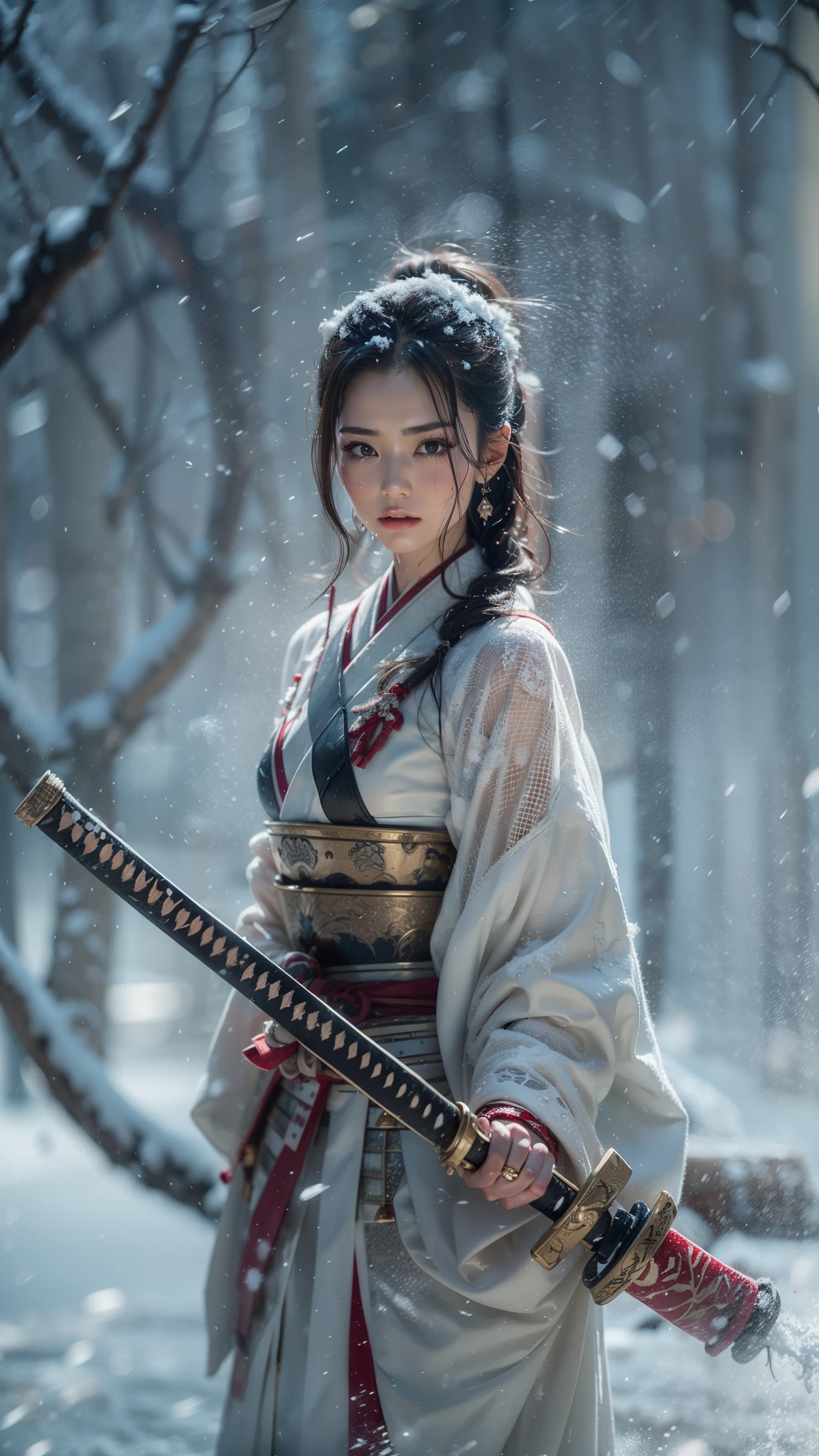 (32K, BEST QUALITY, masterpiece, photorealistic, Ultra High Resolution), ((winter, Powder Snow, large dead tree)), blur background, perfect and detailed skin and face textures:1.3, perfect dynamic composition:1.3, (Battlefield Nights in the Warring States Period:0.5, Expression of transience:1.4, crying:0.6, broken heart:1.0), slim samurai lady, perfect style, beautiful and aesthetic, natural makeup alone, fine eyebrows, white skin, (Professional samurai armor:0.9, Has a Japanese sword:0.9), (Extremely beautiful face:0.8, Beautiful erotic eyes:0.8, overly sensual:0.8, seductive:0.8), fantastic beauty, medium breasts, chest gap, earrings, wedding rings, wet body, wet hair, after rain, Water droplets on skin, Sadness, Elegant, Solemn, Spectacular, Supple, Luxurious