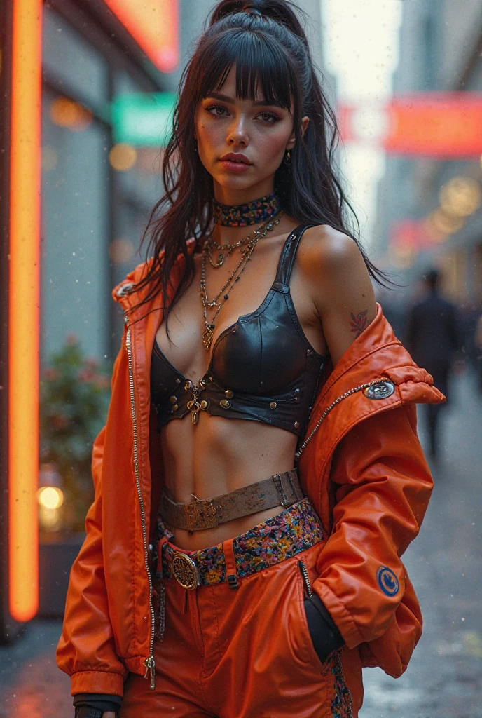 (8k, artistic photography, melhor qualidade, obra de arte: 1.2) fechar-se, colorful painting of a standing cyberpunk girl, oculos de sol, sapatos de salto alto, ((Latex Kimono-crop top)), figura de ampulheta perfeita,low angle view, (((arte do grafite) (por Carne Griffiths))), fundo cinzento escuro da parede, detalhes insanos, detalhes intrincados, hiperdetalhado, soft cinematic light, cores escuras, Exposure Mix, HDR, frente, aquarela, trends on Artstation, sharp focus, studio photo, detalhes intrincados, Altamente detalhado