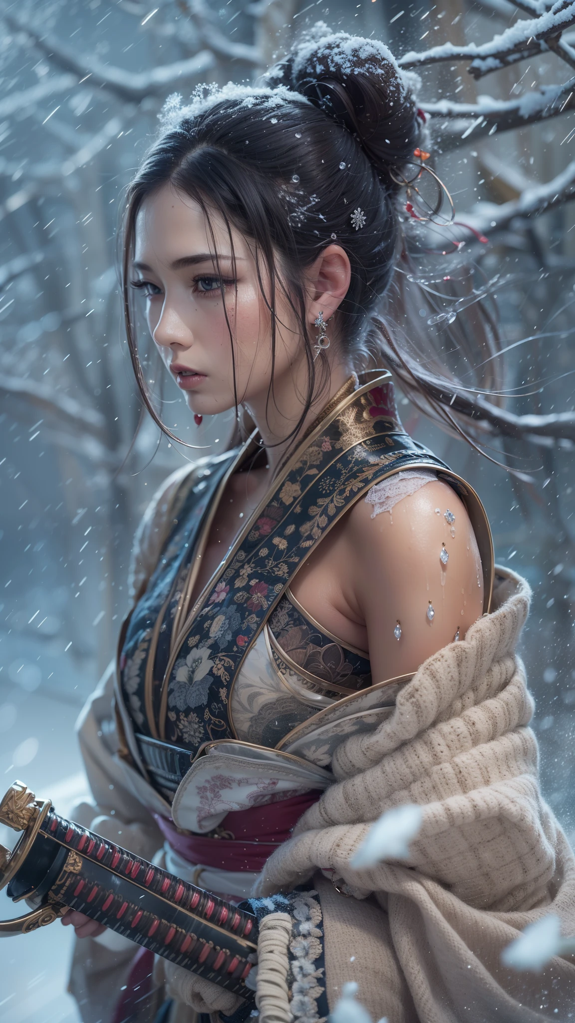 (32K, BEST QUALITY, masterpiece, photorealistic, Ultra High Resolution), ((winter, Powder Snow, large dead tree)), blur background, perfect and detailed skin and face textures:1.3, perfect dynamic composition:1.3, (Battlefield Nights in the Warring States Period:0.5, Expression of transience:1.4, crying:0.6, broken heart:1.0), slim samurai lady, perfect style, beautiful and aesthetic, natural makeup alone, fine eyebrows, white skin, (Professional samurai armor:0.7, Has a Japanese sword:0.7), (Extremely beautiful face:0.8, Beautiful erotic eyes:0.8, overly sensual:0.8, seductive:0.8), fantastic beauty, medium breasts, chest gap, earrings, wedding rings, wet body, wet hair, after rain, Water droplets on skin, Sadness, Elegant, Solemn, Spectacular, Supple, Luxurious