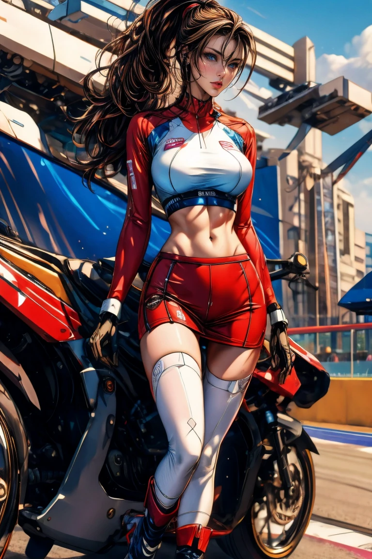 Women's Racer Alafe、Big breasts about to burst、slurry and long legs,,,、Fitness Model、musculature、abdominals、Height 175cm、Shiny racing suit、racing gloves、helmets、skin tanned、glistning skin、Cool smile、full-body view、Pose ready to fight。publicity cosplay、full-cosplay、taken with canon 5d mk4、cosplay foto