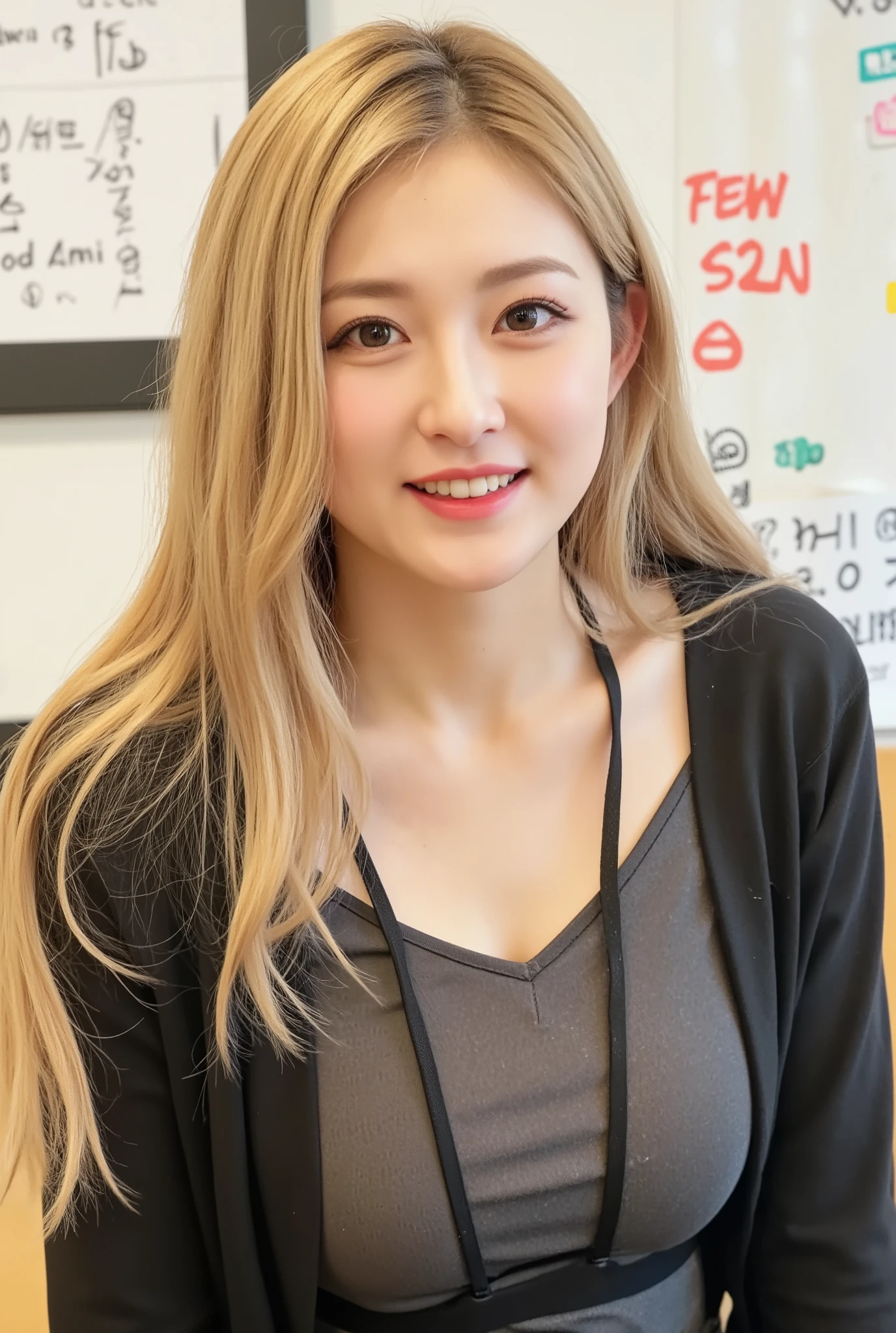 (mature adult woman wearing a leotard1By people),beautiful blonde with breast milk,super straight hair,((Fluttering Hair)), realistic person images in dark waters,Realism,Best Quality,mastepeice,Best Quality,best image quality,highest resolution,fine details,Beautiful detailed face,black eyes,((realistic skin)),detailed background,( Exact Upper Body),(perfect upper body),(upper body),((Realismのある肌)),(smiles),(((super big ))),(((((She is wearing a student uniform and))))),(((((In the school classroom))))),((((Large breasts))),((((((I'm going to sit on a chair and stare at me))))),(((interior))),((((is wearing a white cutter shirt)))),