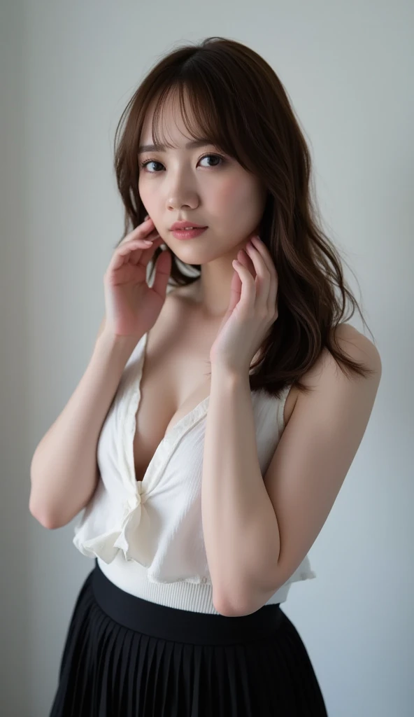 Dark brown hair、Light brown eyes、Japanese actress、 Lady、I am about 40 years old...、(Intricate details:1.2)、(Which is the top???:1.4)、 (Ultra-high resolution:1.2)、Ultra-high resolution、(Finely tuned)、(Detailed facial features)、Hmph、8K resolution、D cup size breasts、Long Hair、Updostyle, Updo、Hair Bun、1 Girl, Deep sorrowの表情, (Very detailed美しい顔), (white　camisole　Loungewear:1.5), (Bare shoulders:1.3), (Highest quality:1.4), (Very detailed)、Beautiful fair skin with transparency,  Are sleeping、Sleeping on the floor、Top View、 Spread your legs wide, Open your mouth a little、Legs visible through one-piece dress、Deep sorrow、Pose of Weakness、Obscene pose、White floor、White wall、The morning sun shines in、Sleep on your side。