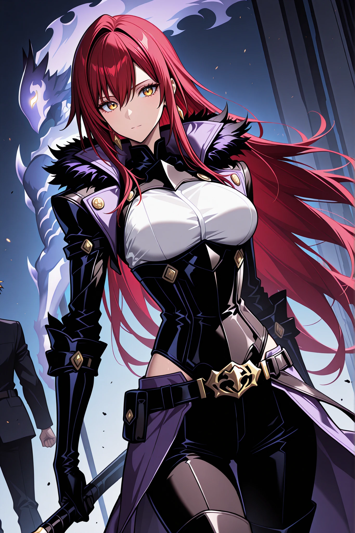  1 girl , rote Haare , very long hair , side stripes ,  golden eyes , medium breasts , mouth closed, no smile , sexy, Niedlich,  handsome, Cool,   lovely,   black pants with side pockets,  weapon strap around the waist  , white top with black corset ,  black boots, cold facial expression, mysterious atmosphere, In the background a direwolf, solo leveling stil, black-purple direwolf BREAK masterpiece), (hochest quality), (Very detailed), (The best shape ), (best shadows), (absurd), (so lovely), lovely eyes in every detail, Unusual, 8K, 32K, high resolution, Very detailed e CG, Punktezahl_9, Punktezahl_8_hoch, Punktezahl_7_hoch, diese_Anime-Serie_Serie, cinematographic,
