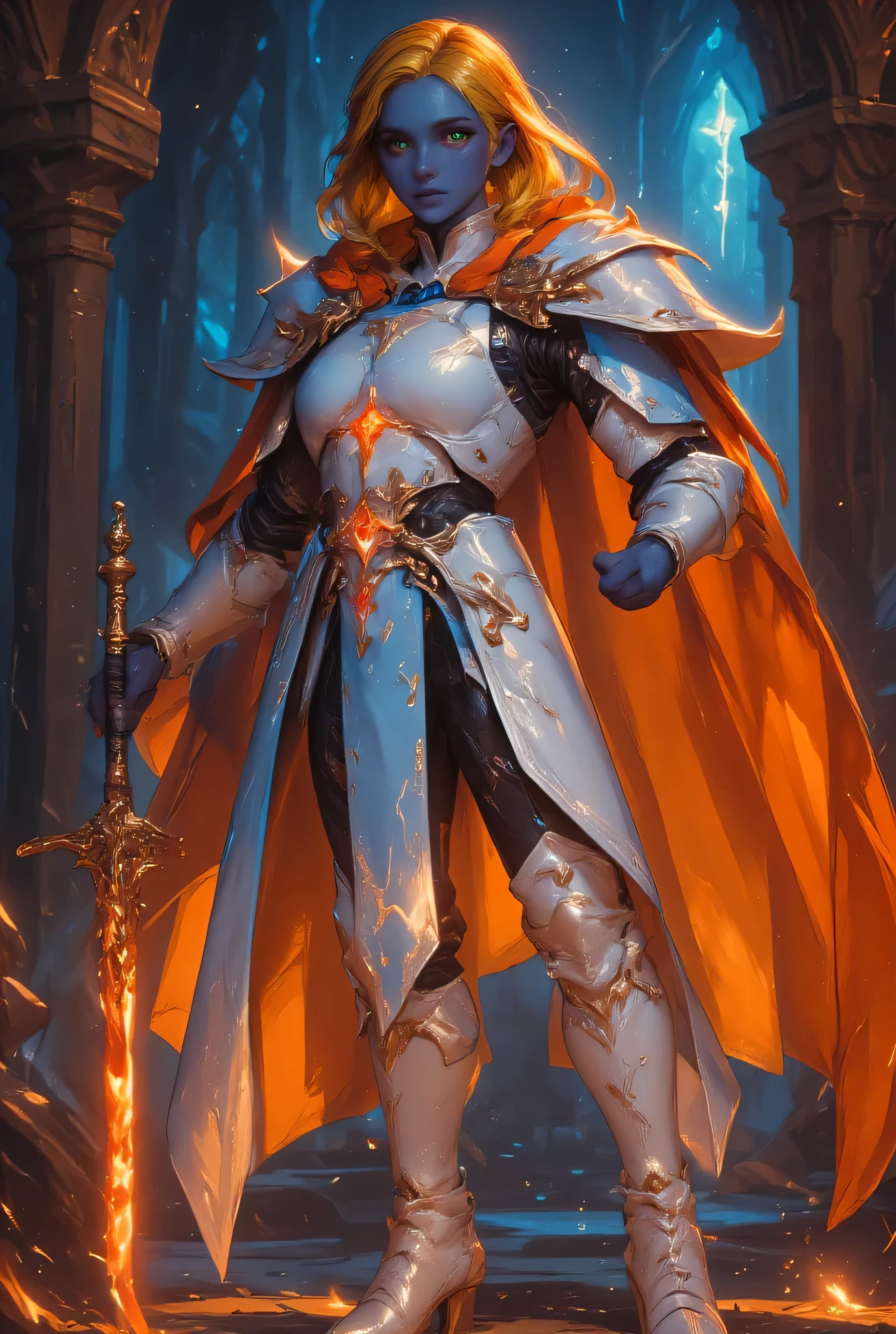 full body picture of a female cleric ((dark blue skin: 1.5)), intense details facial details, exquisite beauty, cleric, (dark blue skin: 1.5)) female, ((yellow hair: 1.5)), long hair, (((no ears: 1.5))), (green eyes: 1.3), armed with a fiery sword red fire, wearing (twilight priestly combat vestments: 1.5), wearing white armor, wearing high heeled laced boots, wearing an (orange cloak:1.3), wearing glowing holy symbol, fantasy art, dnd art, RPG art, wide shot, (masterpiece: 1.4) intense details, highly detailed, photorealistic, best quality, highres, within fantasy temple background, reflection light, high details, best quality, 16k, [ultra detailed], masterpiece, best quality, (extremely detailed), close up, ultra wide shot, photorealistic, RAW, fantasy art, dnd art, fantasy art, realistic art,((best quality)), ((masterpiece)), (detailed), perfect face, zavy-ctcmcs, ArsMJStyle, dnddarkestfantasy