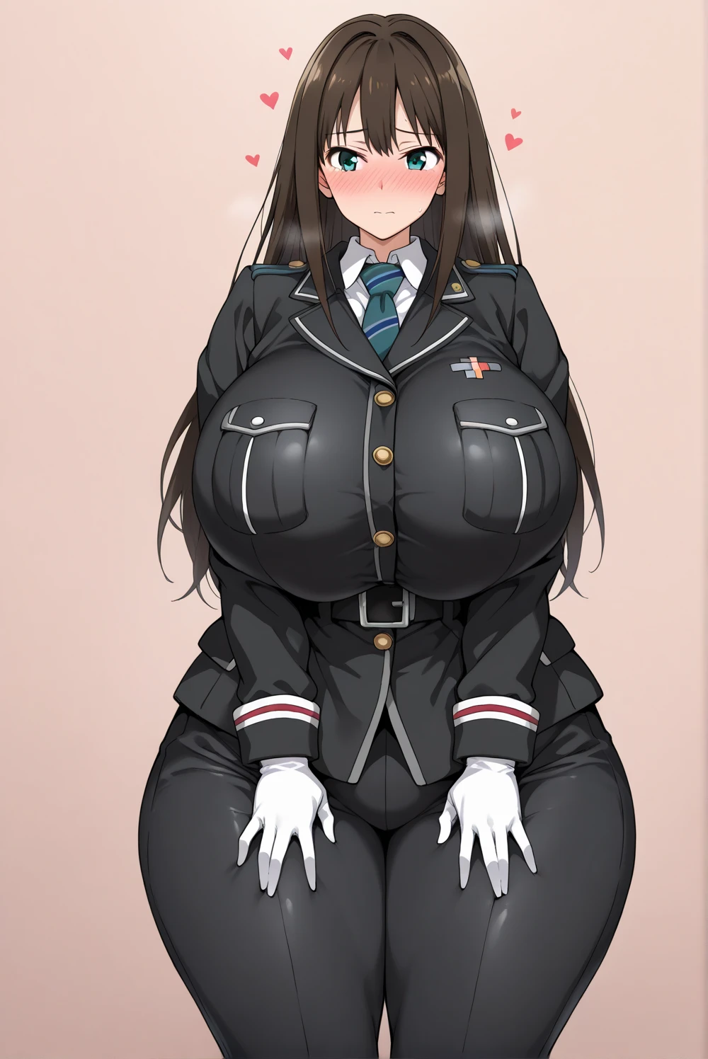 (masterpiece:1.2), (ultra detailed:1.2), (intricate details), (ultra high res), HDR, 8k
 BREAK fully matured female
 BREAK perfect beauty, makeup
 BREAK ([ahegao:blush enruptured:0.45]:1.6)
 BREAK (erotic:1.1), (gigantic breasts:1.3), black long hair
 BREAK white shirt, black necktie, black military uniform, pleated miniskirt
 BREAK standing, cross arm under chest, crowdy train
 BREAK POV, cowboy shot, looking at viewer, <lora:Kurotaki:0.8>, Kurotaki Rin