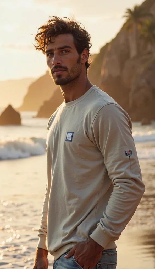 perfect italian man, wearing brown t-shirt and beige jeans, posing, smirk, view on the Hawaii, long distance shot, short hairstyles light hairin on the Hawaii on character's face