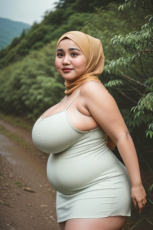 ( Close Up),RAW, Best quality, high resolution, works: 1.3), Beautiful Malay woman in hijab, Masterpiece, fit body, big breasts, beautiful big eyes, Soft smile, beautiful face, woman sitting at a table in a green meadow, traditional beauty, moment sunset, in the field, in the countryside, beautiful woman, with the sunset, wearing a soft long dress,muslim, on a wooden table, hijab, beautiful woman, with a beautiful appearance, a very beautiful masterpiece, a masterpiece of art, good lighting, Bright colors, Clean lines, chubby body, wide chubby hips, chubby arm, chubby massive thighs , massive cleavage , massive armpits , white armpits , armpit hair , extra cleavage, full body