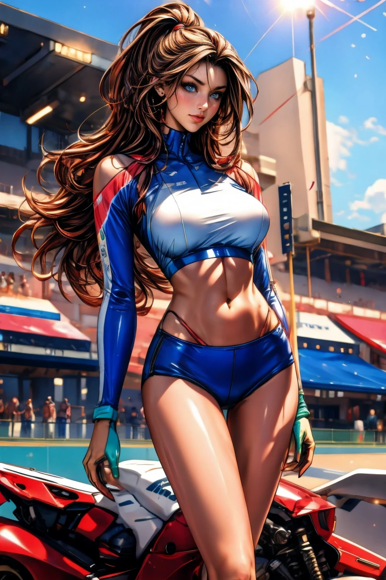 ((best quality, ultra-detailed, high resolution, extremely detailed CG, super detailed, direct light, Most beautiful clean lighting)), 1 girl, beautiful girl, cute girl and idol face, young face, smile, Beautiful long pink hair, twintails, Beautiful shining red eyes, white skin, slender, Short body, Race queens, car racetrack, racing cars, blue and yellow swimsuit-like racing suits, 