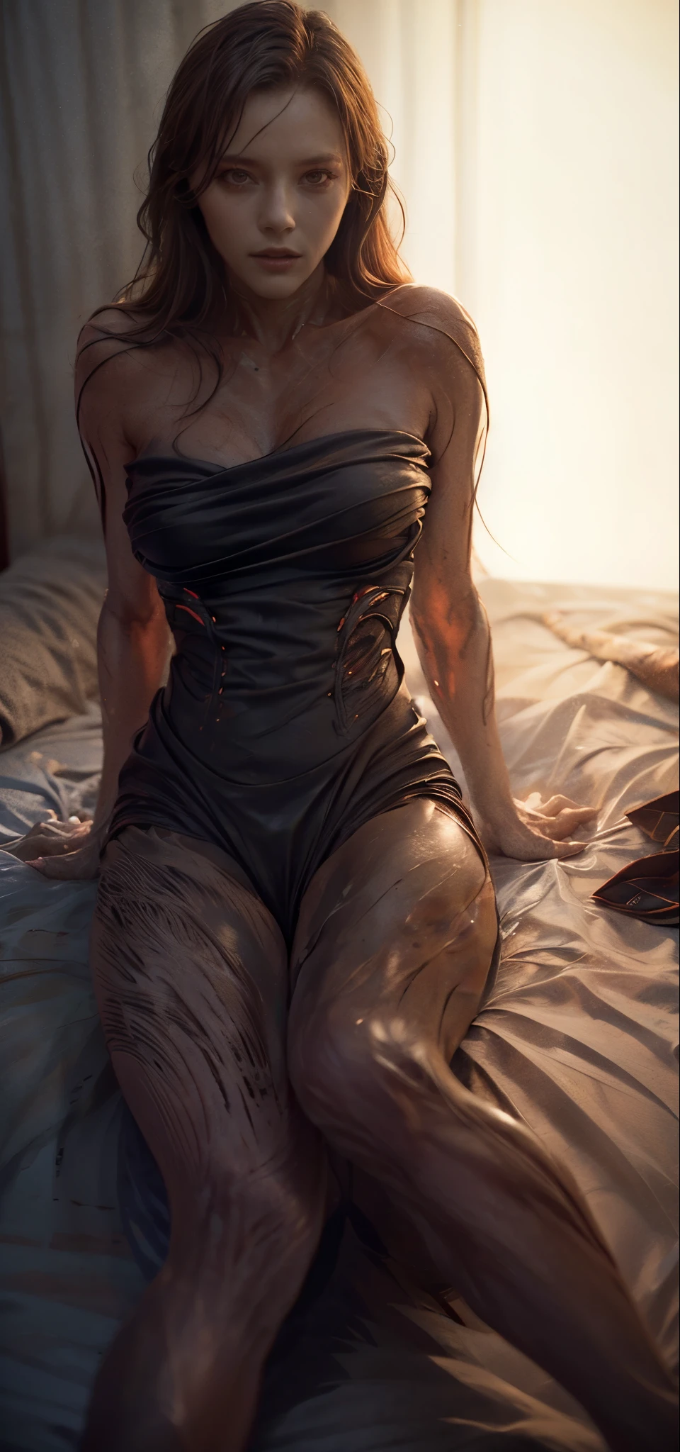 [gorgeous Italian elemental woman sitting on her bed, innocent face, very dark black skin, tempting expression, seductive expression, winking expression, alluring expression], black flaming wires on her body, ultra high res. photorealistic, realistic hands, real_skin, [[photorealistic Chromatic aberration]], digital photograph, HDR, high contrast, masterpiece. [The scene is surrounded by smoke and flames, evoking a mysterious and eerie atmosphere. The lighting is dark and atmospheric, with smoke adding a touch of sinister ambiance. Best quality image, HDR enhancement, showcasing the utmost level of detail and realism, full body shot:1.5]. 8K, Ultra High Resolution, highly detailed, Bokeh, textured skin, high details, high quality, Best Quality