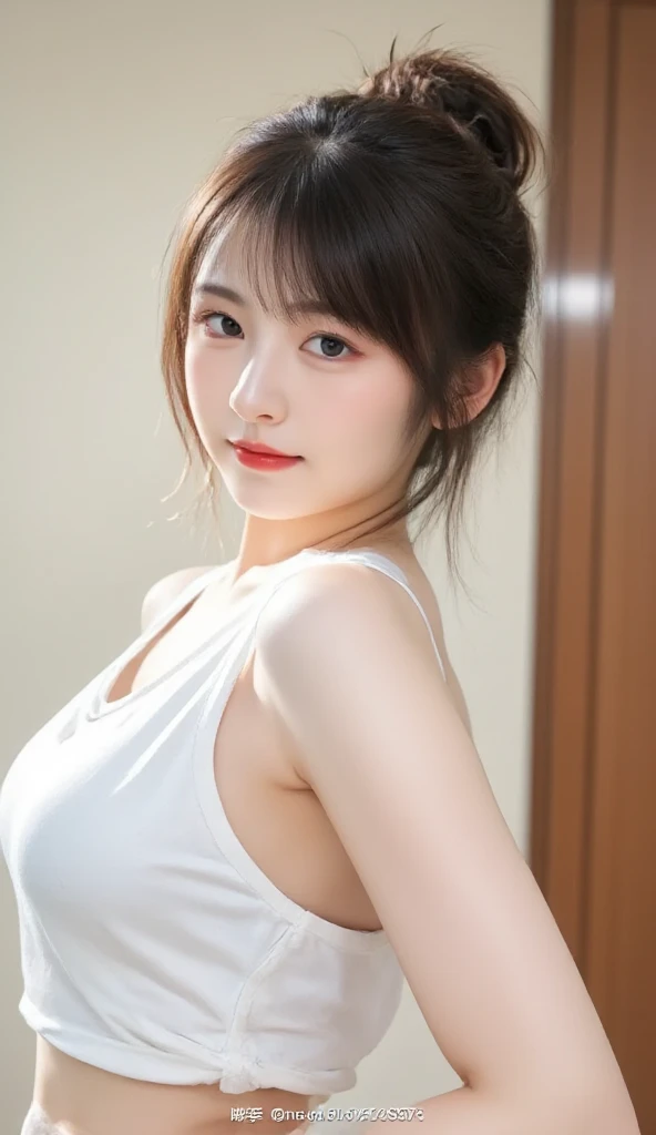 (((forehead、Northern Europe、White people、beautiful girl、Black Hair、White background、leotard)))、table top, highest quality, figure, super detailed, finely, High resolution, 8k wallpaper, Perfect dynamic composition, detailed and beautiful eyes, Deco out,blonde, medium hair, super big breasts, natural color lip,white background, random cute poses,frill dress