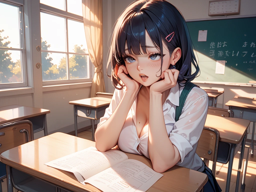 Quality Improvement、hightquality、16Kwall-paper、masutepiece、Meticulous portrayal、Detailed down to the smallest detail、intricate detailes、Backgrounds with depth、3D background、Official art、Best Illustration Award Winner、Effects with people who sleep on、The best rendition、a beauty girl:Long hair and black hair、brown with big eyes, supplementary test:Test paper and pencil on desk、Math and English problems、Beautiful girl thinking about the answer with a troubled expression Hot Production:Beautiful girl is sweating、One of the buttons on the blouse is unfastened.、Make you feel the movement,、In the background, The window is open、The curtains are shaking、There is a fan in the classroom.、spinning. This illustration is、It realistically depicts a beautiful girl taking a red score supplementary test in a classroom during summer vacation...。The lack of a cooler transfers heat。Beautiful girl is cute、You can see that you are struggling with the test。This illustration is、Shows beautiful girl taking red dot supplementary exam in classroom during summer vacation, ((Nude), (Naked), (naked body), (nude body), (whole body naked), (nudity))(nudde:2)