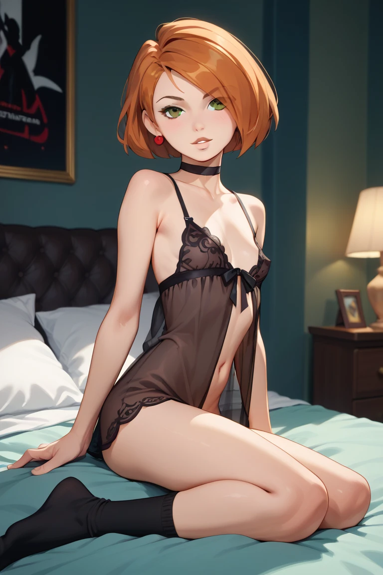 anime young girl in red underwear and red bra with short blond hair wiht red eyes and small breast sitting in room on the corner of bed