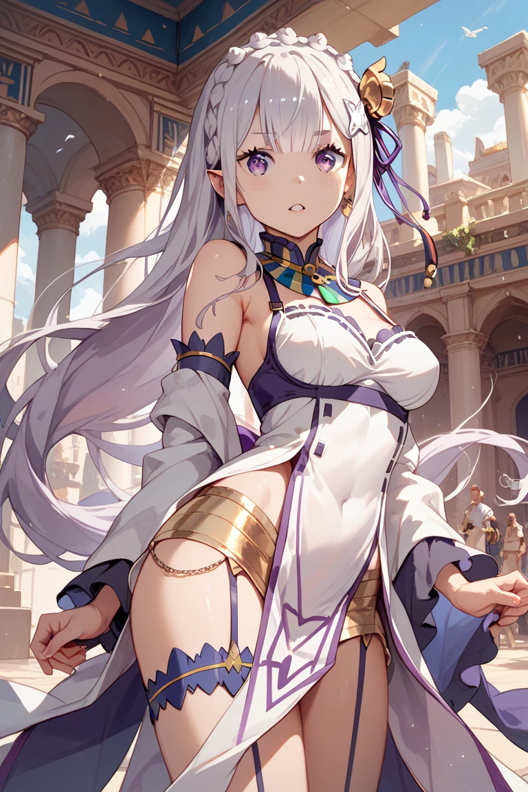 4K,High resolution,One Woman,White purple hair,long hair,Green Eyes,Big Breasts,Valkyrie,White sacred armor,White Skirt,White shoes,Gutter Belt,Hair band with wings,Jewelry decoration,Gold decoration,Big Japan sword,Castle in the Sky
