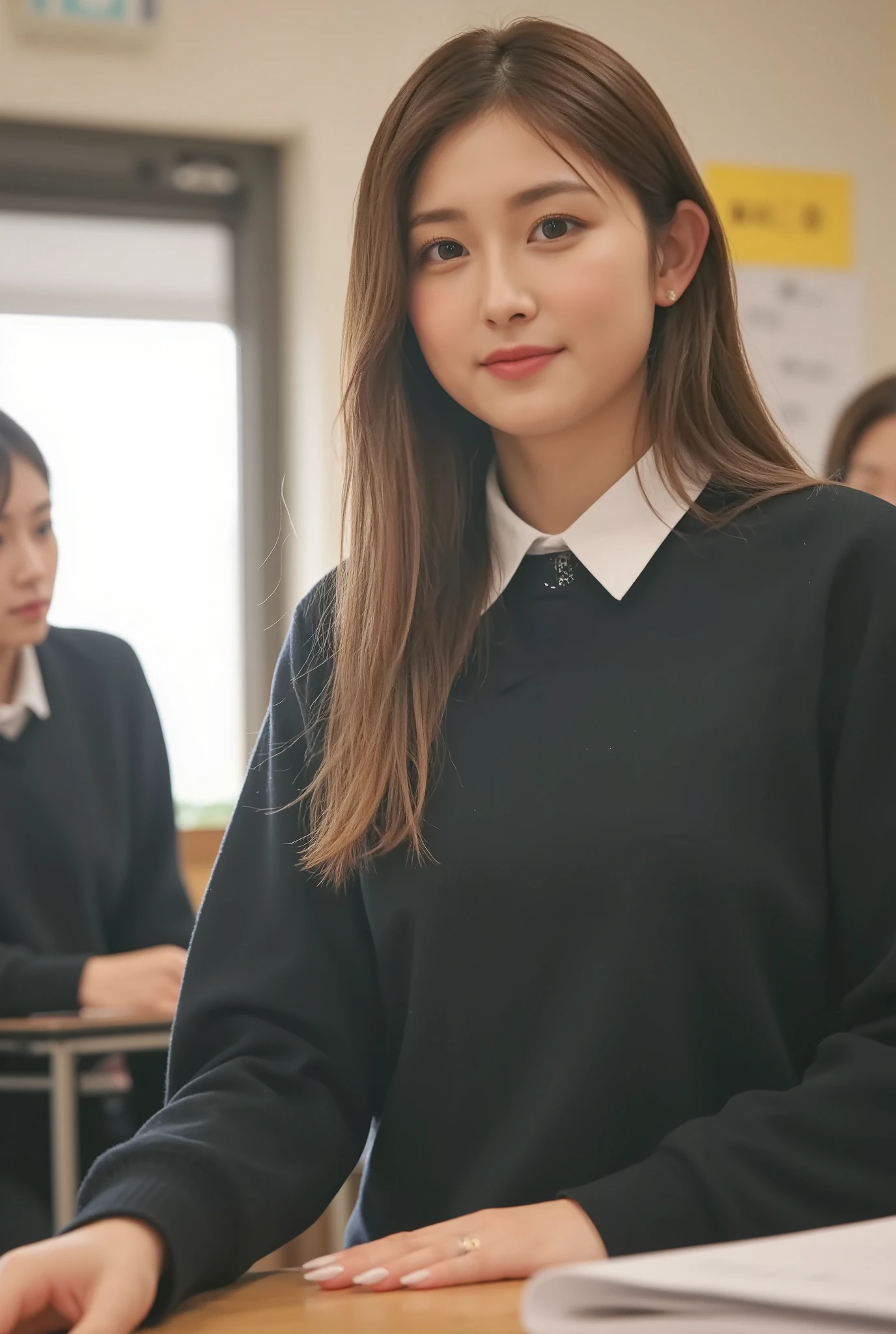 (mature adult woman wearing a leotard1By people),beautiful blonde with breast milk,super straight hair,((Fluttering Hair)), realistic person images in dark waters,Realism,Best Quality,mastepeice,Best Quality,best image quality,highest resolution,fine details,Beautiful detailed face,black eyes,((realistic skin)),detailed background,( Exact Upper Body),(perfect upper body),(upper body),((Realismのある肌)),(smiles),(((super big ))),(((((She is wearing a student uniform and))))),(((((In the school classroom))))),((((Large breasts))),((((((I'm going to sit on a chair and stare at me))))),(((interior))),((((is wearing a white cutter shirt)))),