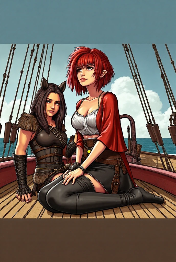 2girls, female pirates, miniskirt, red hair, black hair, full body shot, lesbian, romance, clyde caldwell