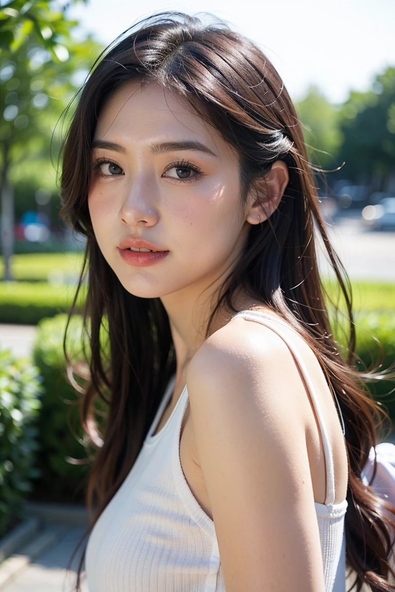 ((Best quality, 8K, masterpiece:1.3)),1girl,18 years old,Asian,Real texture:1.3,(Background blur:1.1),Gorgeous long dress,Tall and slender figure:1.2,(Hot summer weather),(street:1.3),Highly detailed face and skin textures,Exquisite eyes,Long eyelashes,Double eyelids,Skin Whitening,happy,Various postures,Big breasts