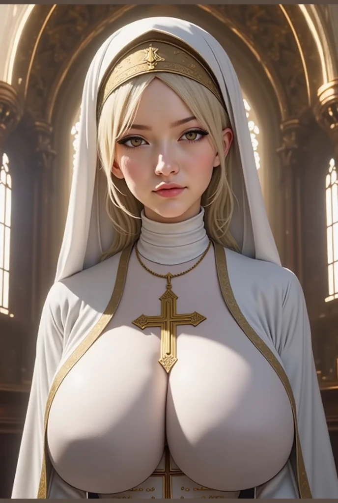 a latex nun, a white latex nun's dress, 1girl, breasts covered by a thin piece of the fabric, bikini top, shapely body, in a church, beautiful detailed eyes, beautiful detailed lips, extremely detailed face, long eyelashes, (best quality,4k,8k,highres,masterpiece:1.2),ultra-detailed,(realistic,photorealistic,photo-realistic:1.37),HDR,UHD,studio lighting,ultra-fine painting,sharp focus,physically-based rendering,extreme detail description,professional,vivid colors,bokeh,photorealistic,dark,moody,dramatic lighting