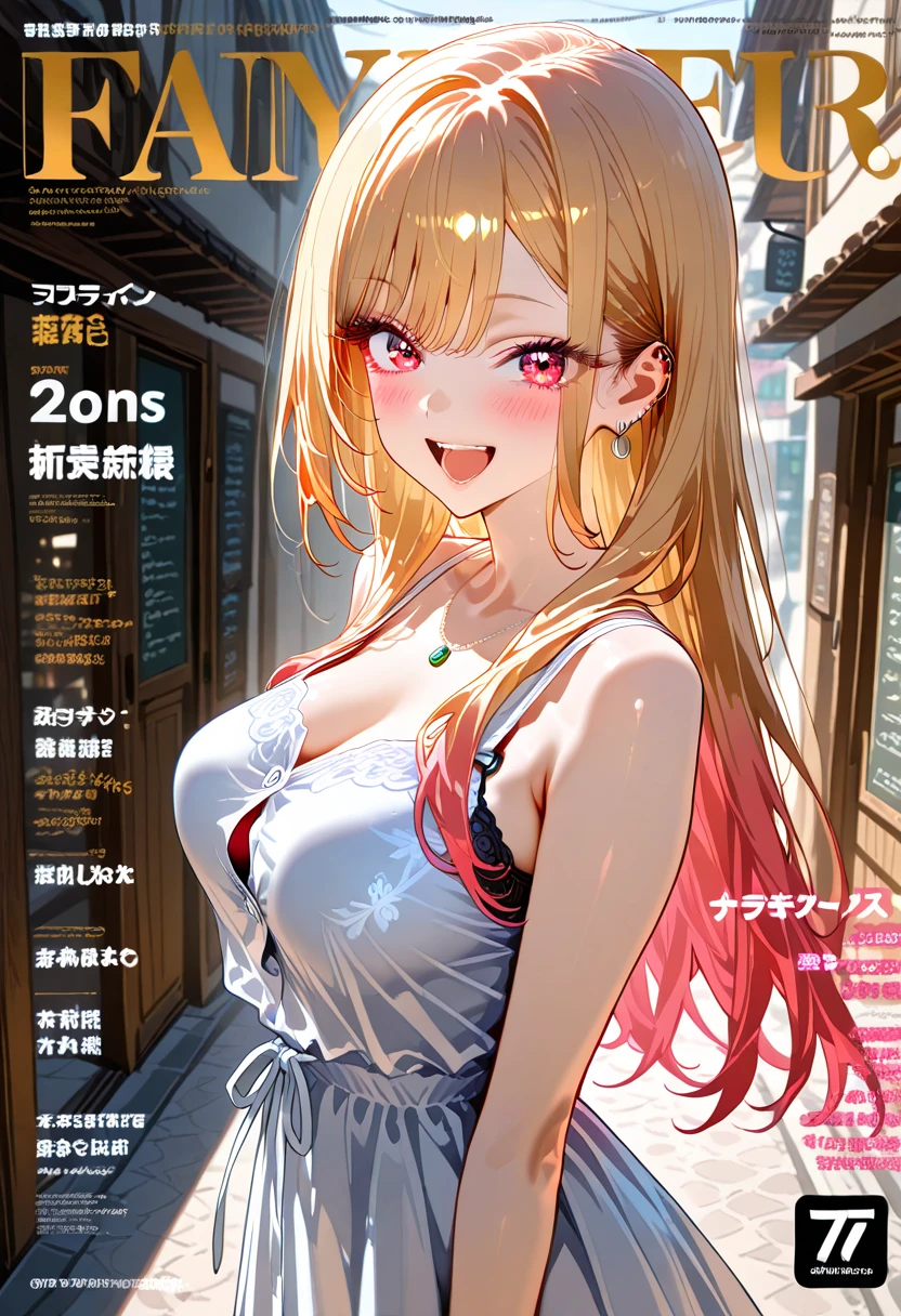 An extremely beautiful busty woman with gold blonde long silky hair, blue oceanic eyes, extremely super bright snow white fair stunning flawless glowing lush shiny white skin, and complexion, a perfect tight hourglass figure, a thick plump ass, cleavage, and perfect hips, wearing a short sexy loose revealing white floral dress with a red sash around the waist and a light brown off-shoulder cardigan, yellow heels, jewelry on the neck, gold bangles on her wrist, and anklets on her legs, gold earrings, a cute adorable smile, pink puffy lips, pink nails, red rose on hair, standing straight, hands joined together, looking at the viewer, big garden in the background, day time, show full body from head to feet.