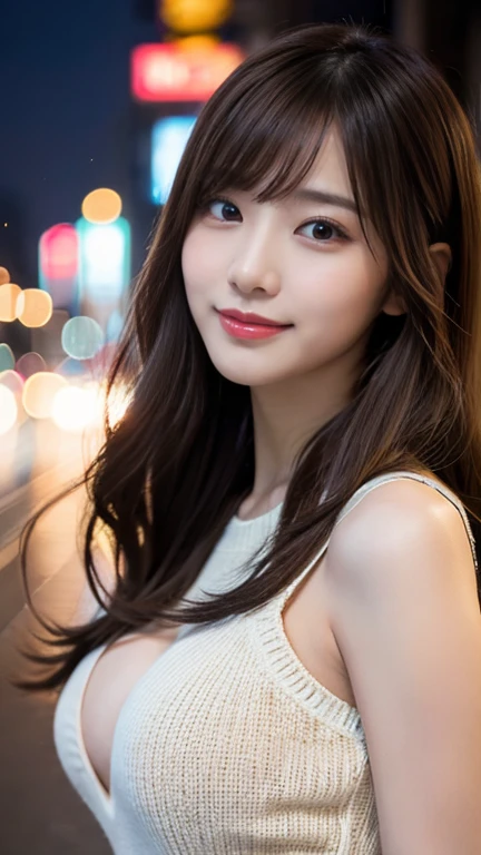 (masterpiece:1.2,Highest quality),Blur the background,1 female college student,((Cute casual clothes)),((Gravure pose)),Wavy Hair,((Beautiful Eyes)),Blushed,Healthy Skin,(smile),(Shinjuku Date),8K resolution