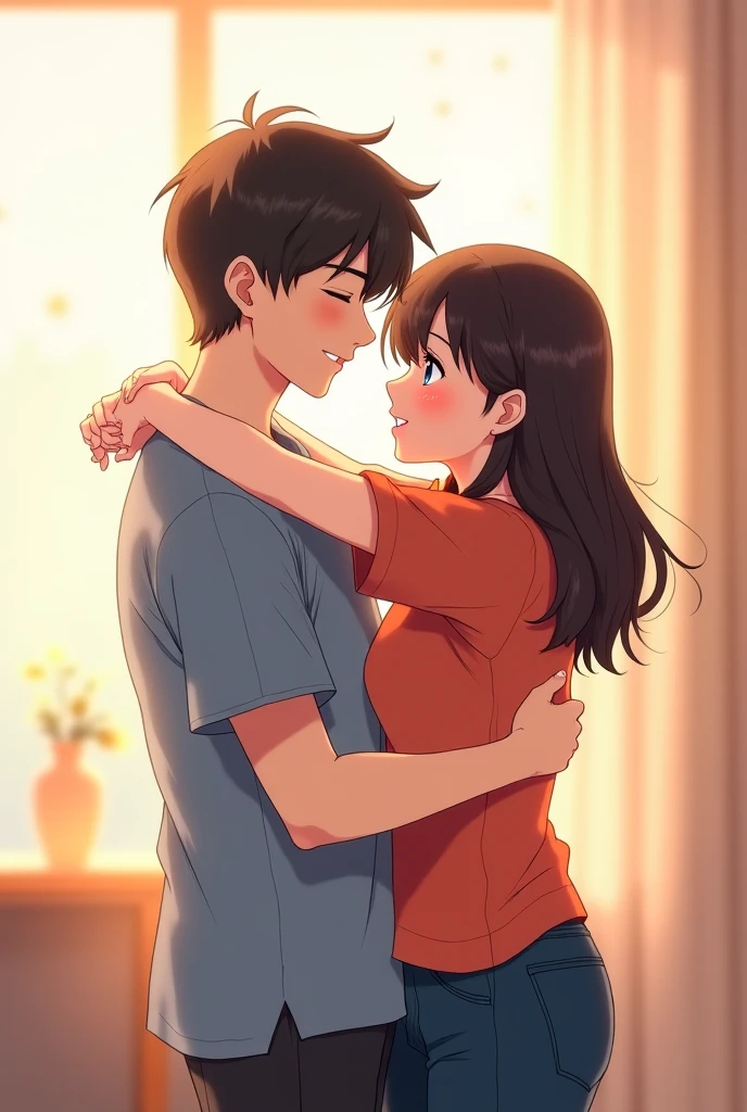 "A twenty one Year-old thin anime boy with short black hair playfully holds his sister from behind in a warm, cozy room. He's smiling in a mischievous, flirty yet cheerful way, while she laughs, leaning slightly forward. Both are casually dressed, with the boy wearing a black t-shirt. The room is softly lit, with warm tones, creating a lighthearted and affectionate sibling moment."