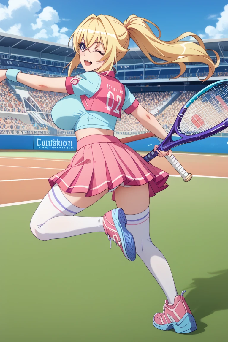 tennis girl in tight mini virgin killer sweater, anus, wearing oven mittens behind head, blindfold