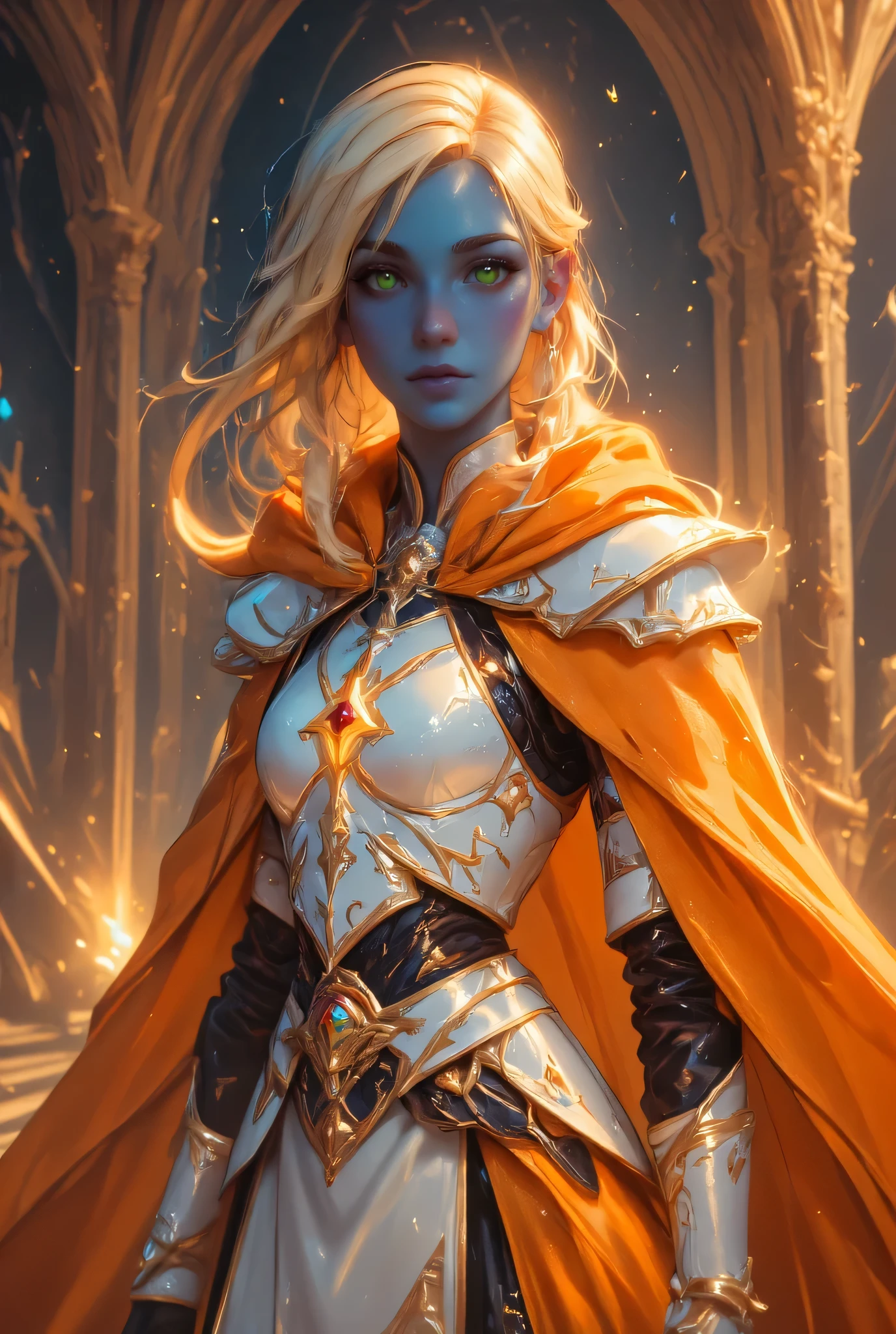 full body picture of a female cleric ((dark blue skin: 1.5)), intense details facial details, exquisite beauty, cleric, (dark blue skin: 1.5)) female, ((yellow hair: 1.5)), long hair, (((no ears: 1.5))), (green eyes: 1.3), armed with a fiery sword red fire, wearing (twilight priestly combat vestments: 1.5), wearing white armor, wearing high heeled laced boots, wearing an (orange cloak:1.3), wearing glowing holy symbol, fantasy art, dnd art, RPG art, wide shot, (masterpiece: 1.4) intense details, highly detailed, photorealistic, best quality, highres, within fantasy temple background, reflection light, high details, best quality, 16k, [ultra detailed], masterpiece, best quality, (extremely detailed), close up, ultra wide shot, photorealistic, RAW, fantasy art, dnd art, fantasy art, realistic art,((best quality)), ((masterpiece)), (detailed), perfect face, zavy-ctcmcs, ArsMJStyle, dnddarkestfantasy