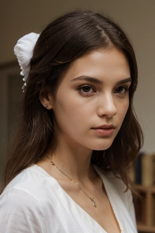 (best quality, highres, photorealistic:1.37), veil on head, gray veil, white hair, gray white, Guvez art style, arrogant and indifferent girl, half-squinted, white eyeballs, white eyes, national style, gray-white, luxurious dress, gentle breeze, dreamy garden, cascading flowers, traditional architecture, intricate patterns, muted color palette, soft lighting