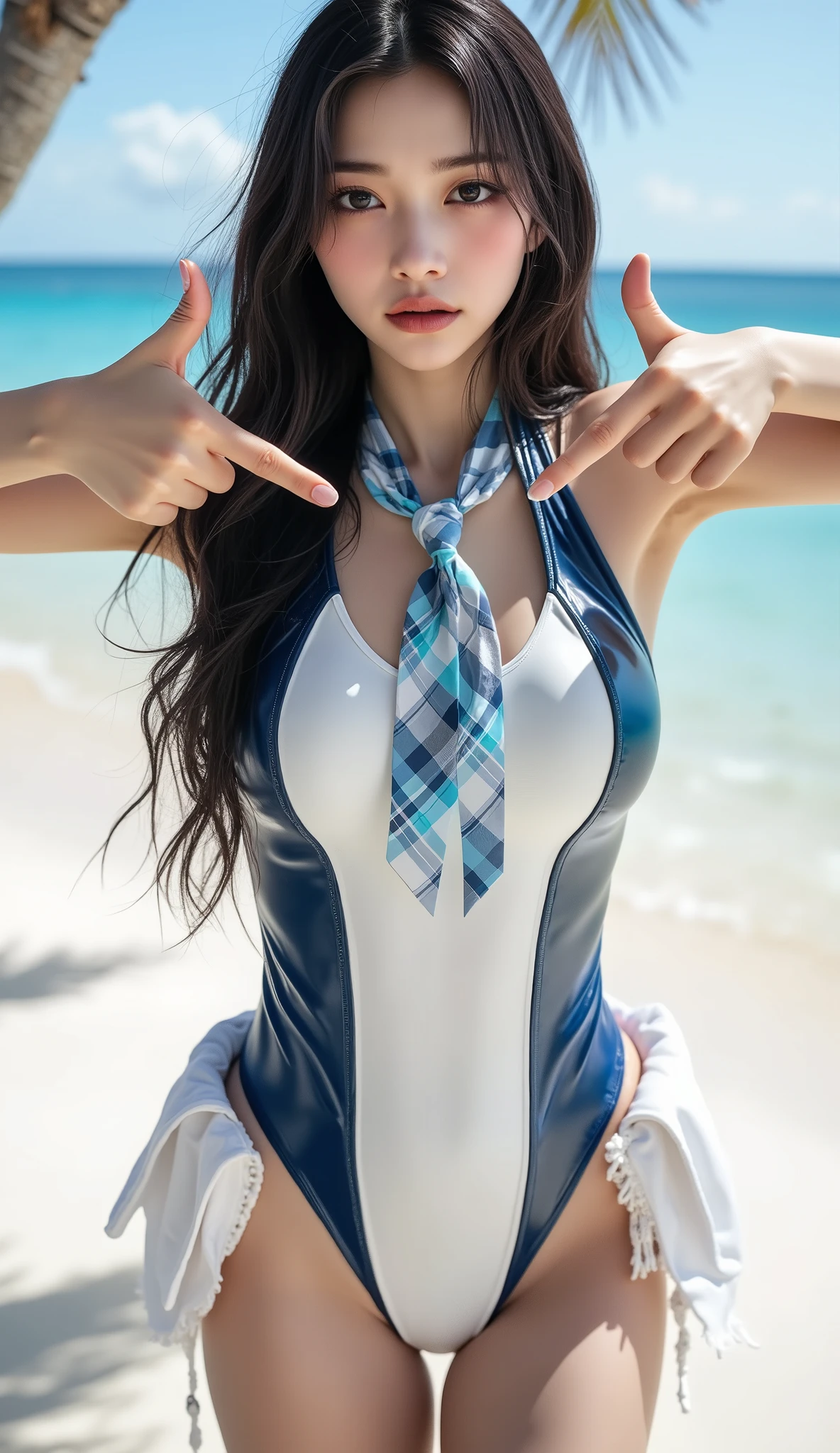 ((Korean pop idol girl。),(live-action),((full body shot with mahiru)),((Point your index fingers to the ground)),(( sunny tropical beaches and seas )),(Womens Rock Design Shiny Bikini Swimsuit made of white and dark blue vinyl material),(Light blue plaid necktie),(white scarf draping around the waist),(smile),(big breasts),(beautiful Korean idol makeup,beautiful lips,dark eyeshadow,long lashes),shiny skin staring at the camera, Show view , beautiful hair, Pure Eyes , (super long straight hair,I'm drawing a pretty dark-haired),(8k, Best Quality , masterpiece:1.2, very detailed on trends),( anatomically correct, Ultra Detailed Skin ,Refers to 5 books )