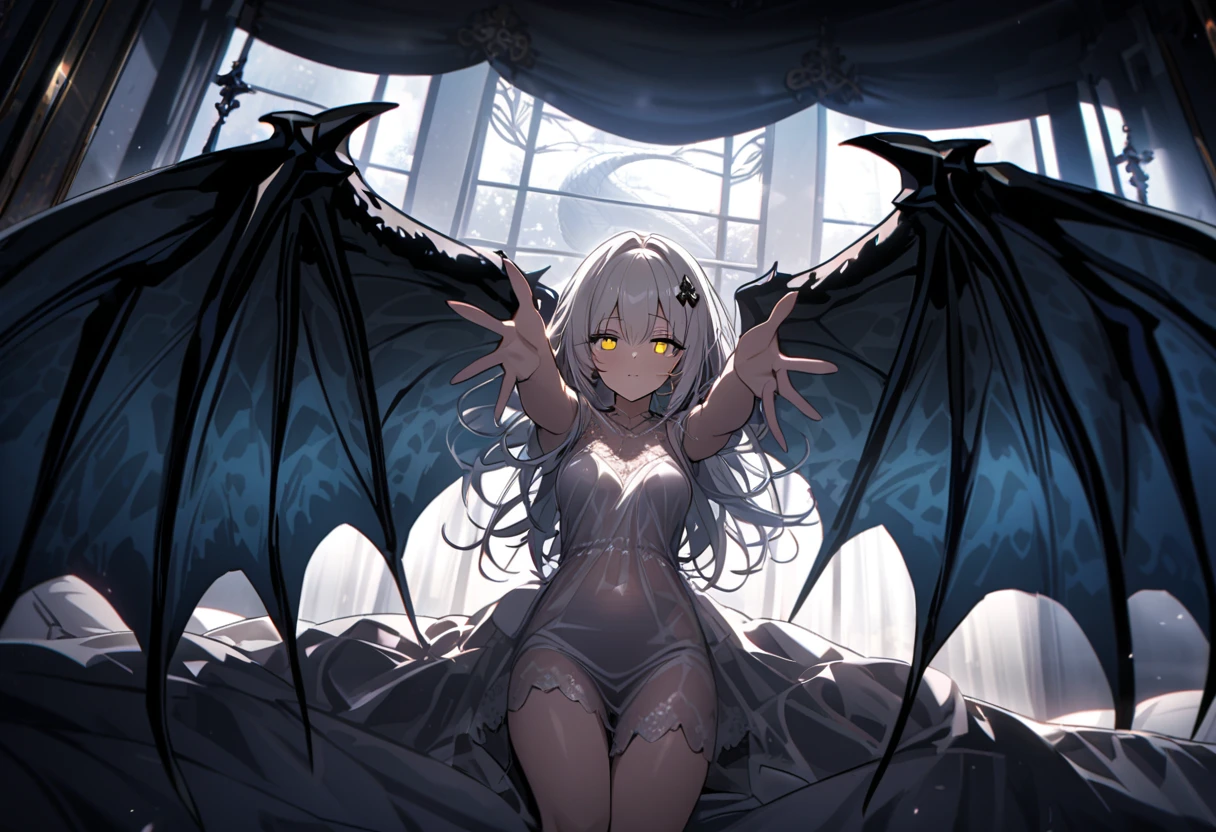 A woman, flowing white hair, melancholy eyes, yellow pupils, black diamond-shaped hairpin, tattered black dragon wings sprouting from her back, moonlight, arms up, incoming hug, pov, reaching, reaching towards viewer, looking at viewer, cowboy shot, dutch angle, lying down, a big fluffy and soft black silk bed, Luxurious and luxurious bedrooms, big tits