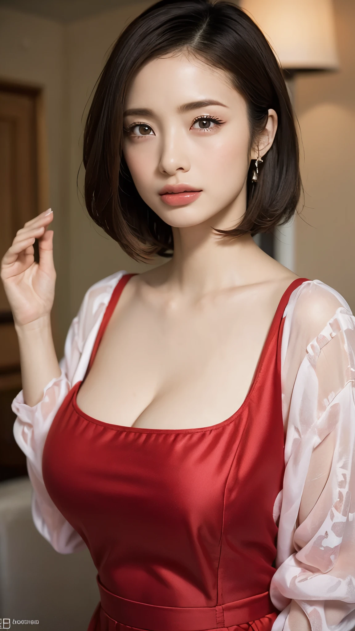 (Ultra-realistic), (shape), (High resolution), (In 8K), (Very detailed), (Best shape), (Beautiful details), (highest quality), (Very detailedな), (wallpaper), (Detailed face), Droopy eyes, Sweat a lot, Upper body close-up, Underarm,short hair, See-through tops,With a bold design、A style that is meant to show off your silhouette and innerwear,A woman in light, Cool clothes,red inside, Japanese, Her cleavage is visible, (Camel Toe),Selfie