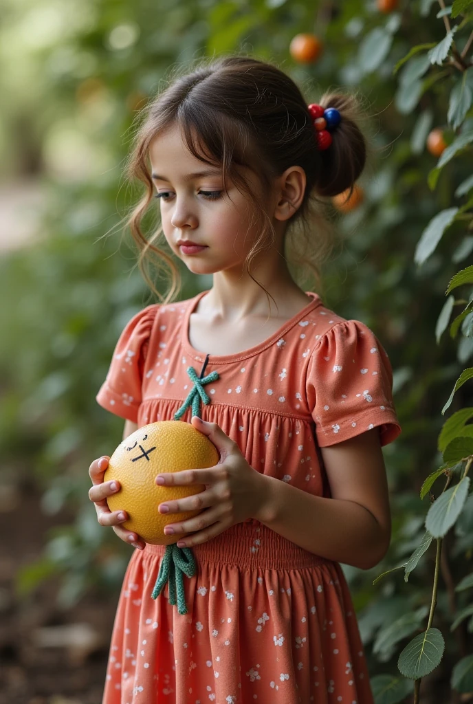 There's a blonde child girl in braids holding a bag of oranges and a bag of oranges, na frente de um fundo laranja, Editorial Oficial da Versace, modelo, teddy fresh, imagem retrato.